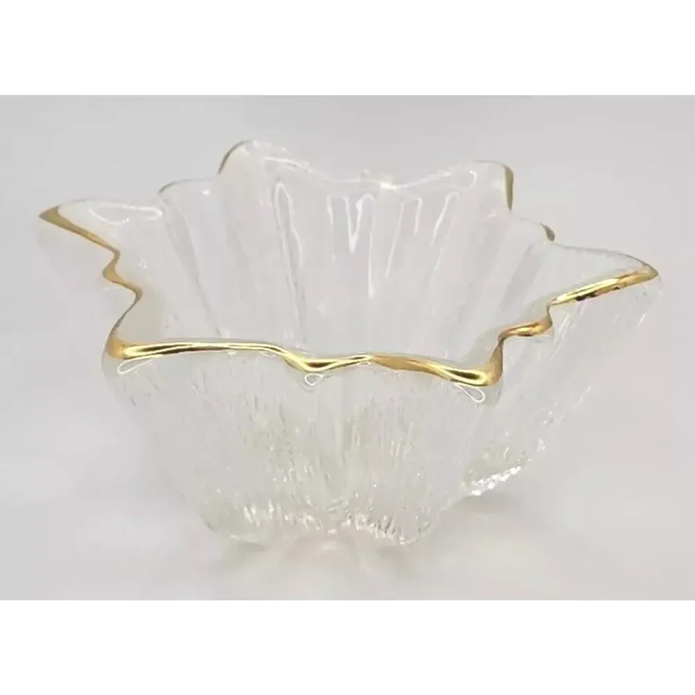 Home Beautiful Glass‎ Candle Holder Dish Star Gold Rim Cut Bark Design 5